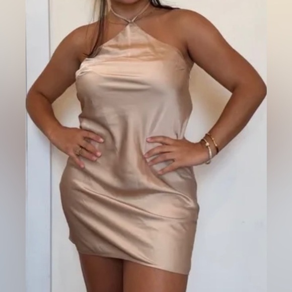 Forever 21 Dresses & Skirts - Forever 21 Tan Satin Halter Top Mini Dress Sz Medium